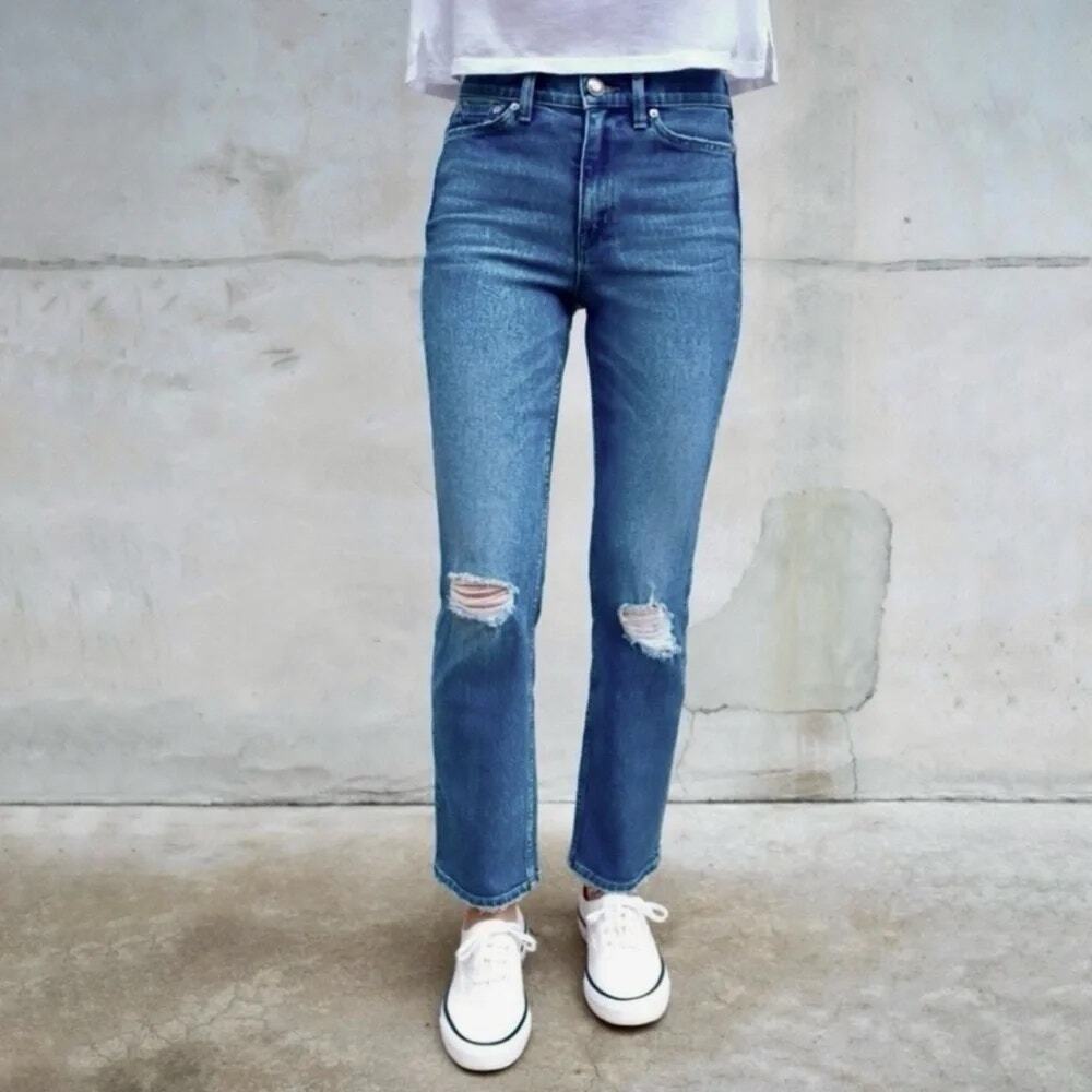 AYR The Yes Yes Yes High Rise Straight Leg Cropped Jeans Distressed Blue SZ 26